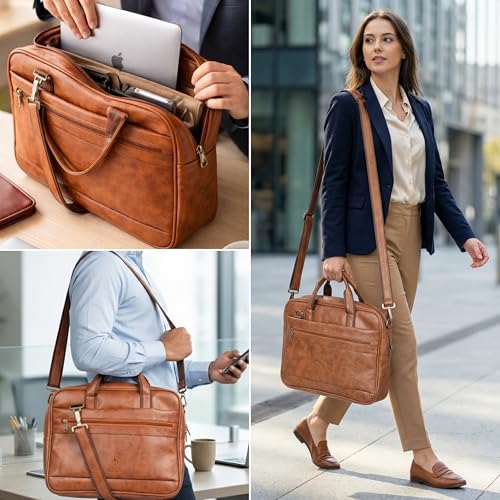 Image of Mihaa Laptop Bags for Man | Leather Laptop Bags for Men Office | Upto 15.6 Inch | Water Resistant | Multiple Organisers | PU Leather | Professional Office Bag - [Brown]
