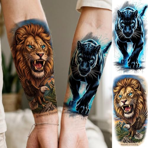 Image of Bilizar 12 Sheets Creative Animals Temporary Tattoos For Men Women Adults Lion Tiger Panther Tattoo Sticker, Realistic Wolf Dragon Spider Fake Tattoos Forearm Half Arm Sleeve Tatoos Waterproof Durable