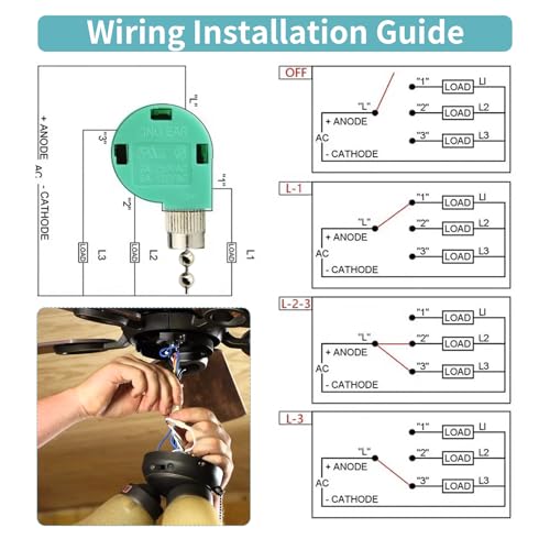 Image of Ceiling Fan Pull Chain Switch, 3-Speed 4-Wire Zing Ear ZE-268S6 Replacement Switch for Hunter, Hampton Bay, Harbor Breeze Ceiling Fans, Easy to Install (2PCS, Nickel)