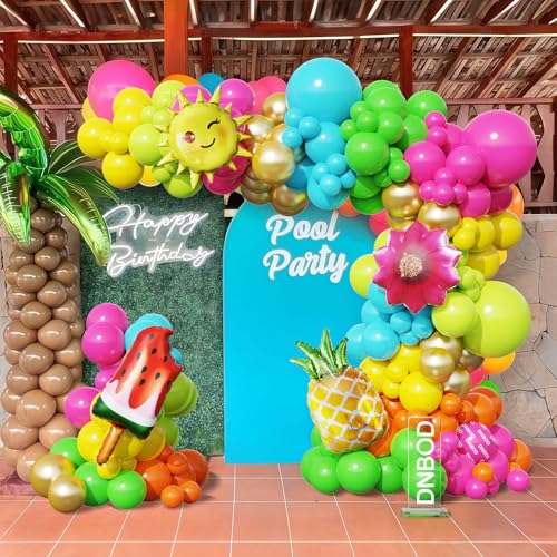 Image of Summer Tropical Balloon Arch Kit,129Pcs Hot Pink Green Gold Balloon Garland with Watermelon Ice Pop,Sun,Pineapple,Flower Foil Balloons for Hawaiian Luau Baby Shower Birthday Pool Party Decoration