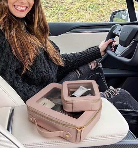 Image of Clear Makeup Bag with Zipper,Set of 2,Car Essentials Bag(Mini+Large Nude) | Clear Travel Bags for Toiletries, Structured Cosmetic Case for Women, Waterproof PU Leather, Wide Open Portable Car Organier