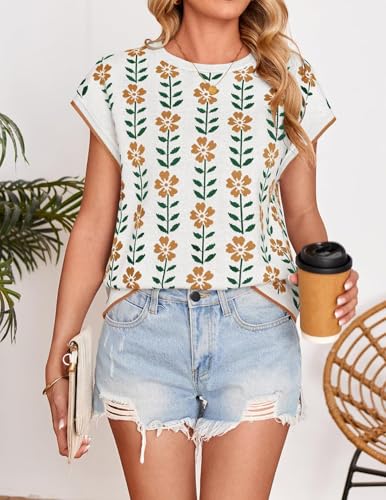 ZESICA Womens Summer Casual Printed Tops Cap Sleeve Crew Neck Cute Knit Sweaters 2025 Trendy Clothes Outfits2