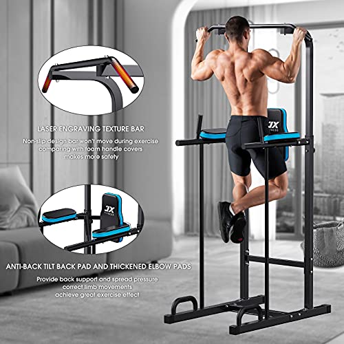 JX FITNESS Power Tower Pull Up Bar Dip Station for Home Gym, Upgraded Adjustable Dip Stand Full Body Workout Station Strength Training Equipment with Backrest