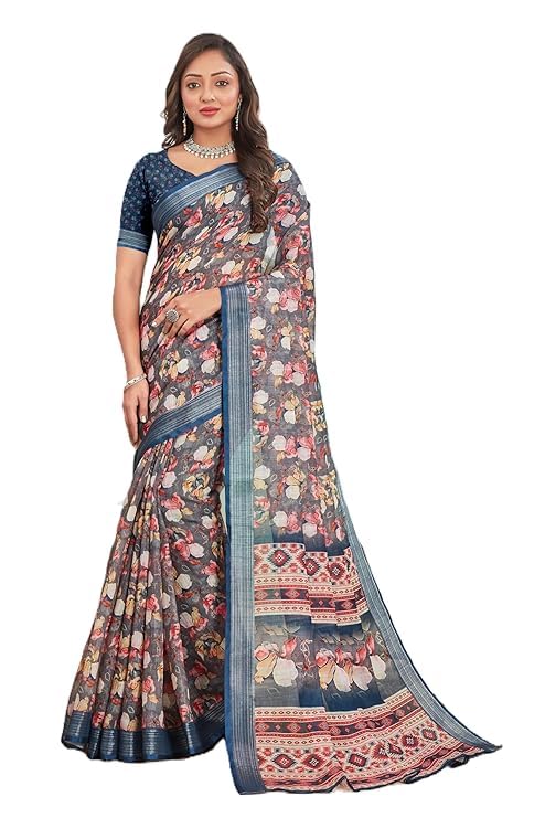 Digital Print Assam Silk Cotton Linen Saree for Women | Traditional Floral Ethnic Printed Saree with Elegant Designer Border | Lightweight Festival Wedding, Cultural Occasion Saree-image-20