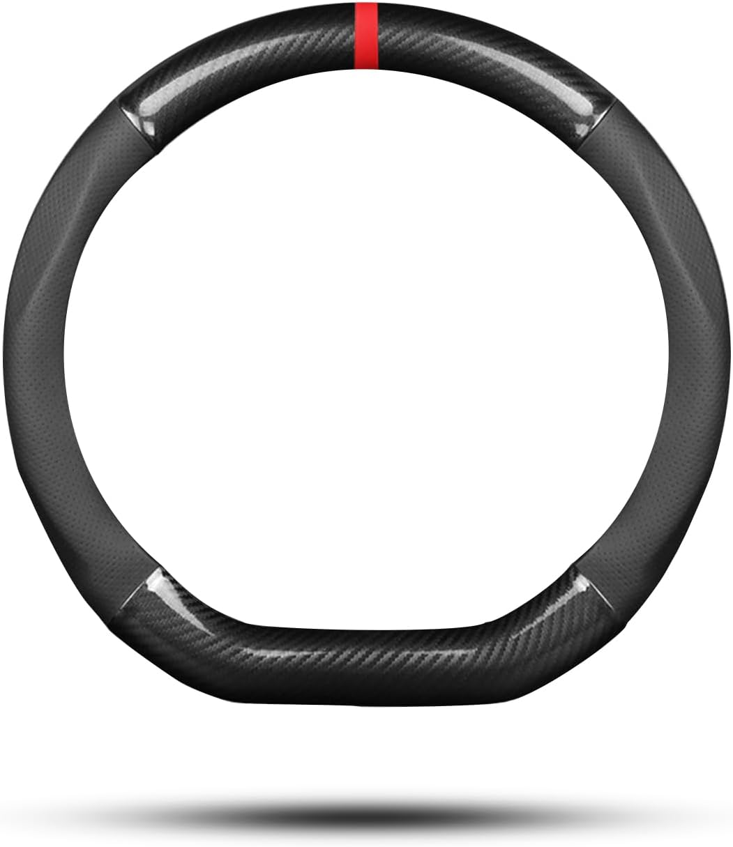 Ergocar Car Steering Wheel Cover Non-slip Car Steering Wheel Protector Sport D-shape Carbon Fiber & PU Leather Universal For Diameter 38cm(15") (Black-stripe-U)