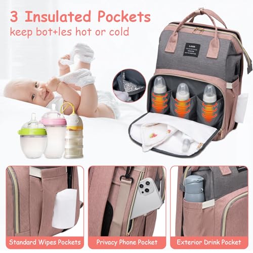 LHDYMXYN Diaper Bag Backpack with Changing Station, Pink Baby Girls Diaper Bag for Mom, Large Travel Baby Changing Bags Back Pack with 3 Insulated Pockets & Charging Port
