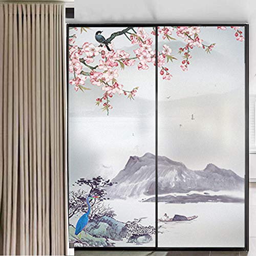 Xijier Privacy Window Film No Glue Window Cling Static Cling Window Film Bird and Flower Painting Glass Decorative Frosted Glass Sticker for Office 17.7