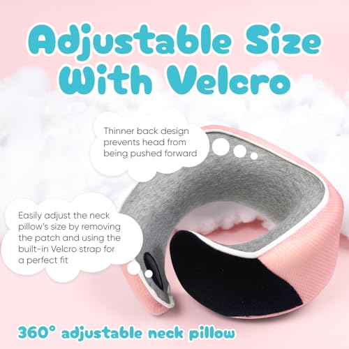 Image of Proglobe Junior Kids Travel Neck Pillow - Ergonomic Memory Foam Pillow for Airplane, Car, Booster Seat - Soft, Washable, Compact Travel Pillow with Strap - Light Pink - Ages 4-13