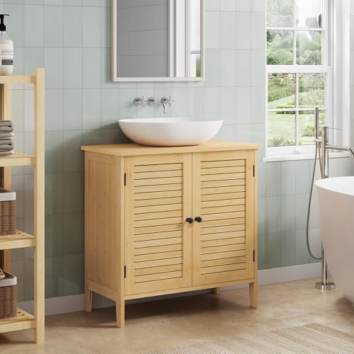 EUGAD Waschbeckenunterschrank, Badezimmer Unterschrank, aus natürlichem Material, Waschtischunterschrank, Badezimmerschrank mit 2 Lamellentüren 1 Verstellbarer Ablage, 60x60x30 cm
