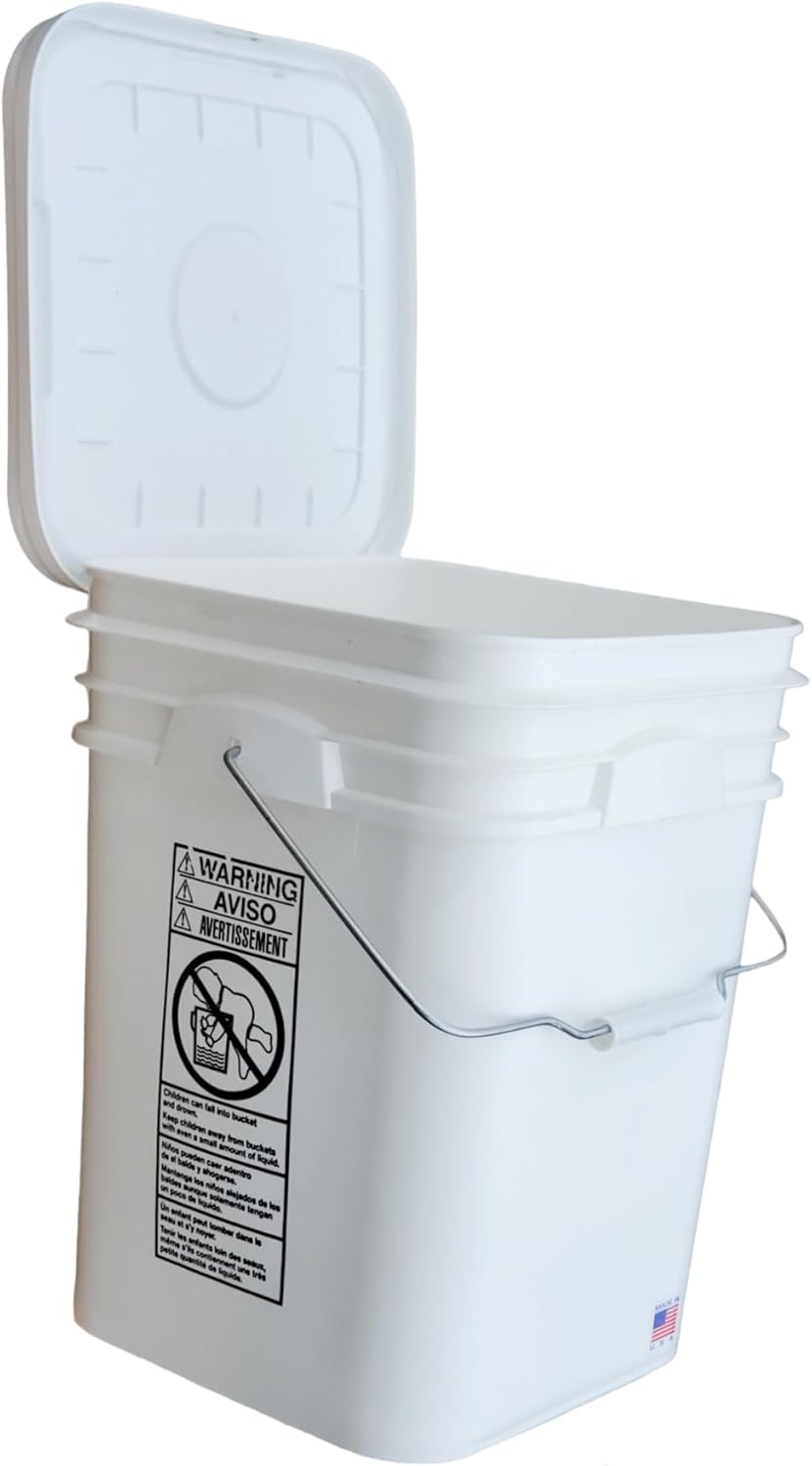 5 Gallon Square Bucket with Lid & Steel Handle Food Safe Grade HDPE Polyethylene Thickened BPA Free White Plastic Storage Container Heat Resistant Heavy Duty Premium Quality Buckets FDA Compliant