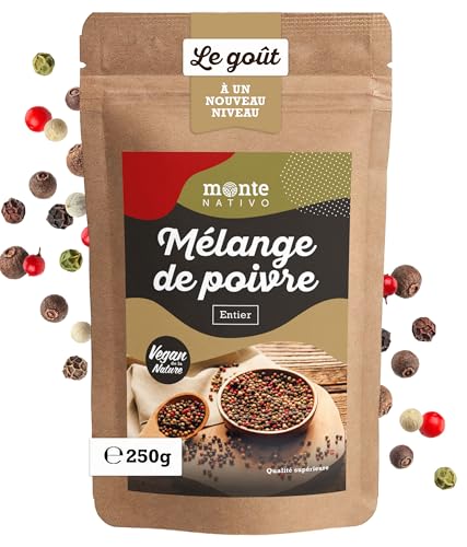 Poivre en Grain melange Monte Nativo (250g) - Poivre multicolore entier - Mélange de Poivres entier - Épices aromatiques séchées avec soin, idéales pour Cuisiner et Assaisonner - Arôme intenses