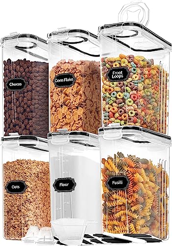 Skroam Cereal Containers Storage of 6 [4L/135.2 oz], Airtight Food Storage Containers with Pour Spout for Kitchen & Pantry Organization Storage, Plastic Cereal Dispensers, Measuring Cup & 20 Labels