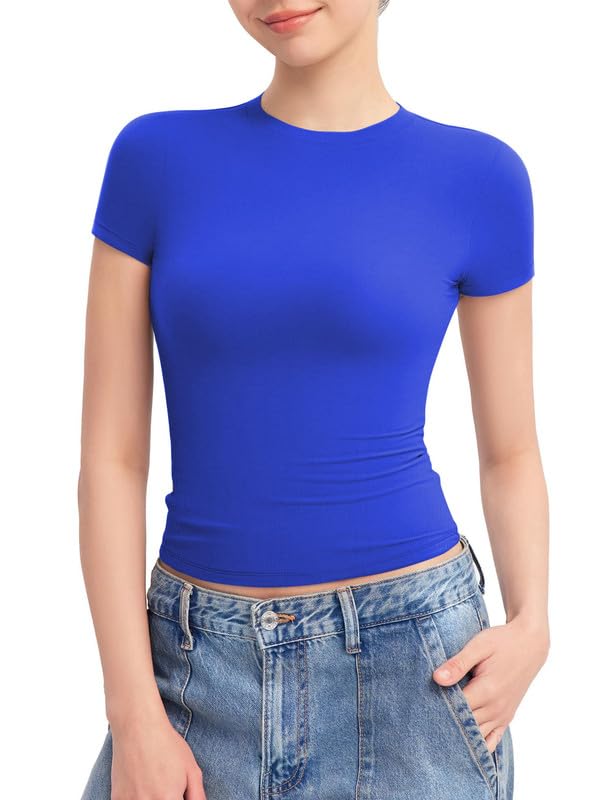 Women's Square Neck Short Sleeve Crop Tops Double Lined Slim Fitt...
