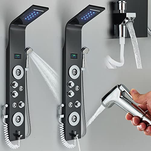 Columna de Ducha Negro con Panel LED, Cascada y Masaje Corporal, Sistema Torre de Ducha con Chorro Lluvia y Catarata miniatura 6