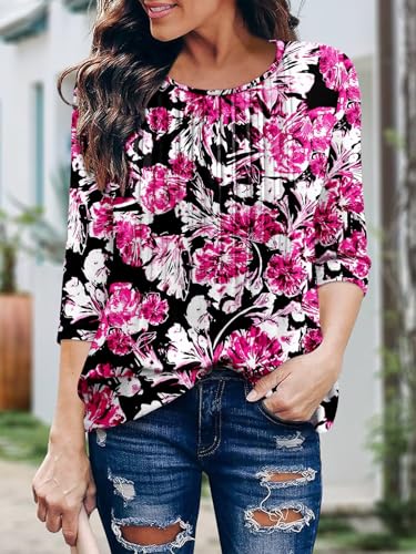KISSMODA Tunic Tops for Women Loose Fit Dressy Round Neck Pleated 3/4 Length Sleeve Spring Tops