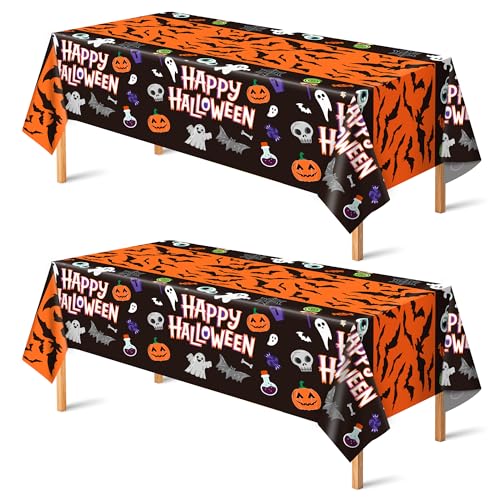 OHOME Halloween Decorations - 2 Pack Plastic Tablecloth for Halloween Party Decorations | Skeletons Bats Ghosts Pumpkin Table Decor for Outdoor Indoor Party Favors Supplies Backdrop Banner