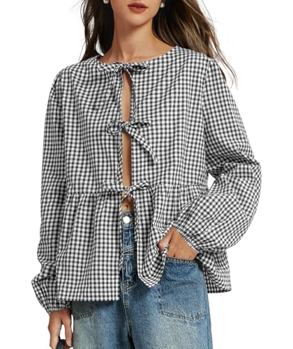 Tie Front Tops for Women Puff Long Sleeve Shirt Peplum Hem Cute Babydoll Blouse Y2k Going Out Tops