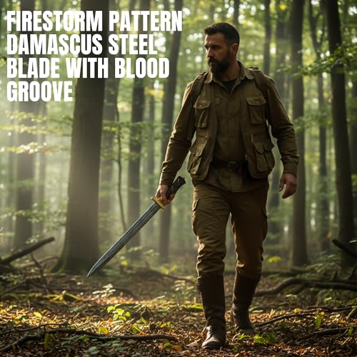 SANZ Damascus 21” Exotic Braided Short Sword – Hunting Swords for Adults with Firestorm Pattern Damascus Steel Blade with Blood Groove, Brass Guard, Sheath, Braided Walnut & Olive Wood Handle