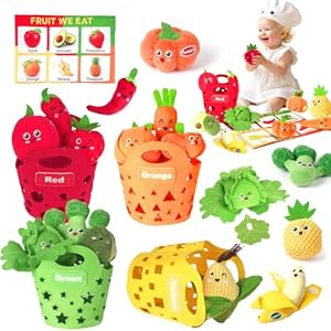 Baby Sensory Toys – Plush Color Sorting Fruit Veggie Baby Toys 6-12 Months, Pretend Play Food with Rattle Crinkle for Toddlers 1-3, Birthday Valentines Day Easter Gift for 1 Year Old Boys Girls
