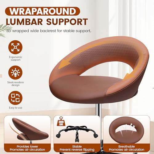 Image of Bar Stool with Back Support - PU Leather Drafting Chair, Adjustable Foot Rest & Rolling Wheels, Swivel Tall Stool for Kitchen Island, Salon, Vanity, Standing Desk, Brown