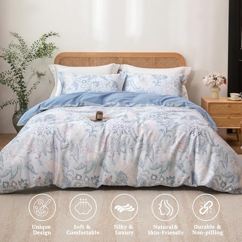 MILDLY King Size Duvet Cover Set 100% Long-Staple Cotton Luxury Paisley Floral Patten Reversible Comforter Cover Set 3Pcs