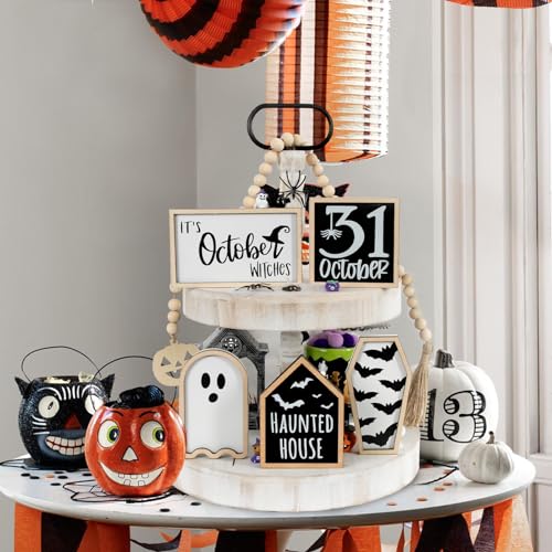 DAZONGE Halloween Decorations | 6PCS Halloween Tiered Tray Decor | Bat Coffin, Haunted House, Ghost, Witches, October 31 Sign, Bead Garland | Halloween Decor | Halloween Centerpiece for Table Shelf - Image 7