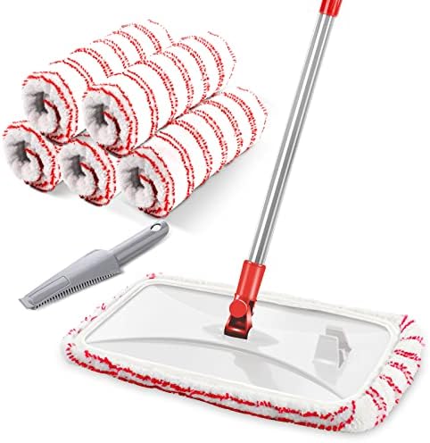 MASTERTOP Large Microfiber Mop - Microfiber Mop Floor Cleaning System, 16x8.4“ Flat Mop, Dust Mop, Hardwood Floor Mop, Washable, 360 Degree, 5 Microfiber Mop Replacement Pad, 1 Cleaning Scraper - Red