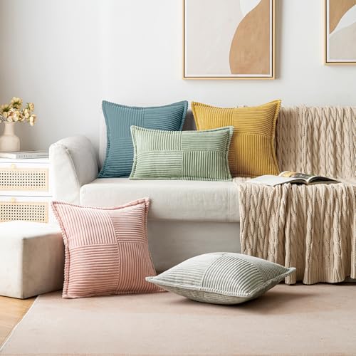 Image of MIULEE Decorative Throw Pillow Covers for Couch Bed Livingroom 20x20 Inch Set of 2 Dusty Blue Boho Accent Throw Pllows Broadside Striped Patchwork Soft Corduroy Summer Coastal Pillowcases