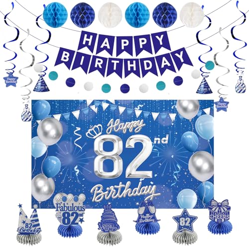 Happy Birthday Party Decoration Set: Including Birthday Banner Backdrop, Party Table Centerpieces and Hanging Swirl Party Streamers, Birthday Decor Suppliers for Men and Women (Blue, 82nd Birthday)