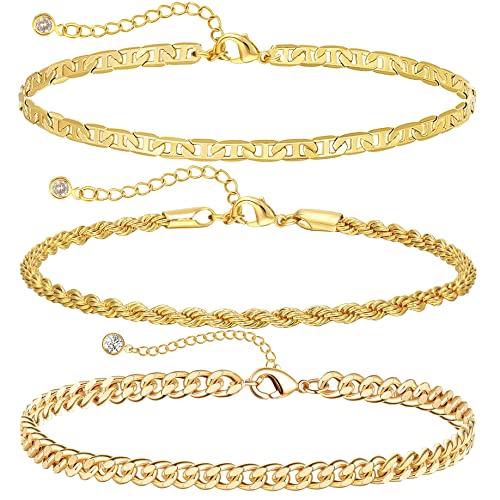 Dearmay Gold Anklets 14K Gold Ankle Bracelets For Women 3Pcs Rope Cuban Link Layered Cute Summer Beach Anklets Jewelry Gift For Women Teen Girls #TOP7