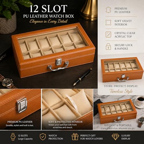 Image of ZAFCO PU Leather Watch Box Organizer with Acrylic Top, Lock & Handle - Luxury Watch Storage Case with Soft Cushions for Men & Women - Large Display Watch Holder -Tan 12 Slot