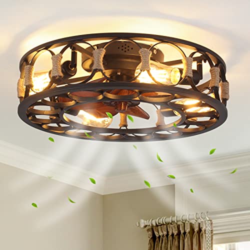 BUXVRCS 19.68'' Flush Mount Caged Ceiling Fan with Lights, Farmhouse Rustic Low Profile Ceiling Fans, 4-Light Vintage Enclosed Ceiling Fan Lighting Fixture Remote Control (Including 5 Bulbs) (Black)