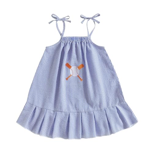 Dewadbow Baby Girls Baseball Dress Toddler Seersucker Dress Sleeveless Baseball Bat Embroidery Sundress Stripe Summer Outfit (Blue, 3-4 Years)