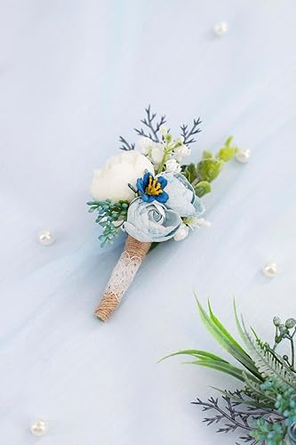 Miniatura 2 de Ansofi Juego de ramillete y boutonniere de color azul polvoriento, ramillete de muñeca de flores de rosa azul claro artificial para novios, padrinos