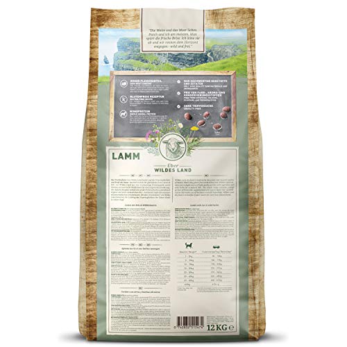 Wildes Land - Nr. 1 Lamm - 12 kg - mit Reis und Wildkräutern - Glutenfrei - Trockenfutter für Hunde - Hundefutter mit hohem Fleischanteil - Für alle Hunderassen - Hohe Verträglichkeit