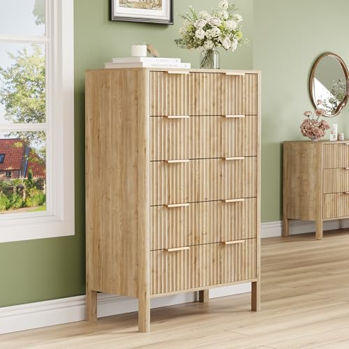 Image of 47 inch Tall Dressers for Bedroom Fluted 5 Drawer Dresser, Wooden Dresser Modern Chest of Drawers Dressers with Organizer Storage for Bedroom, Living Room, Entryway, Oak