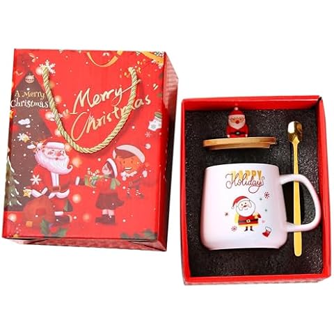 atrccs Christmas Coffee Mug with Lid and Spoon, 400ml Ceramic Coffee Cup Set, Mug Gift Set, Easter Gift for Friends, Family, Funny Mug Gift Box (Santa Claus) Cover