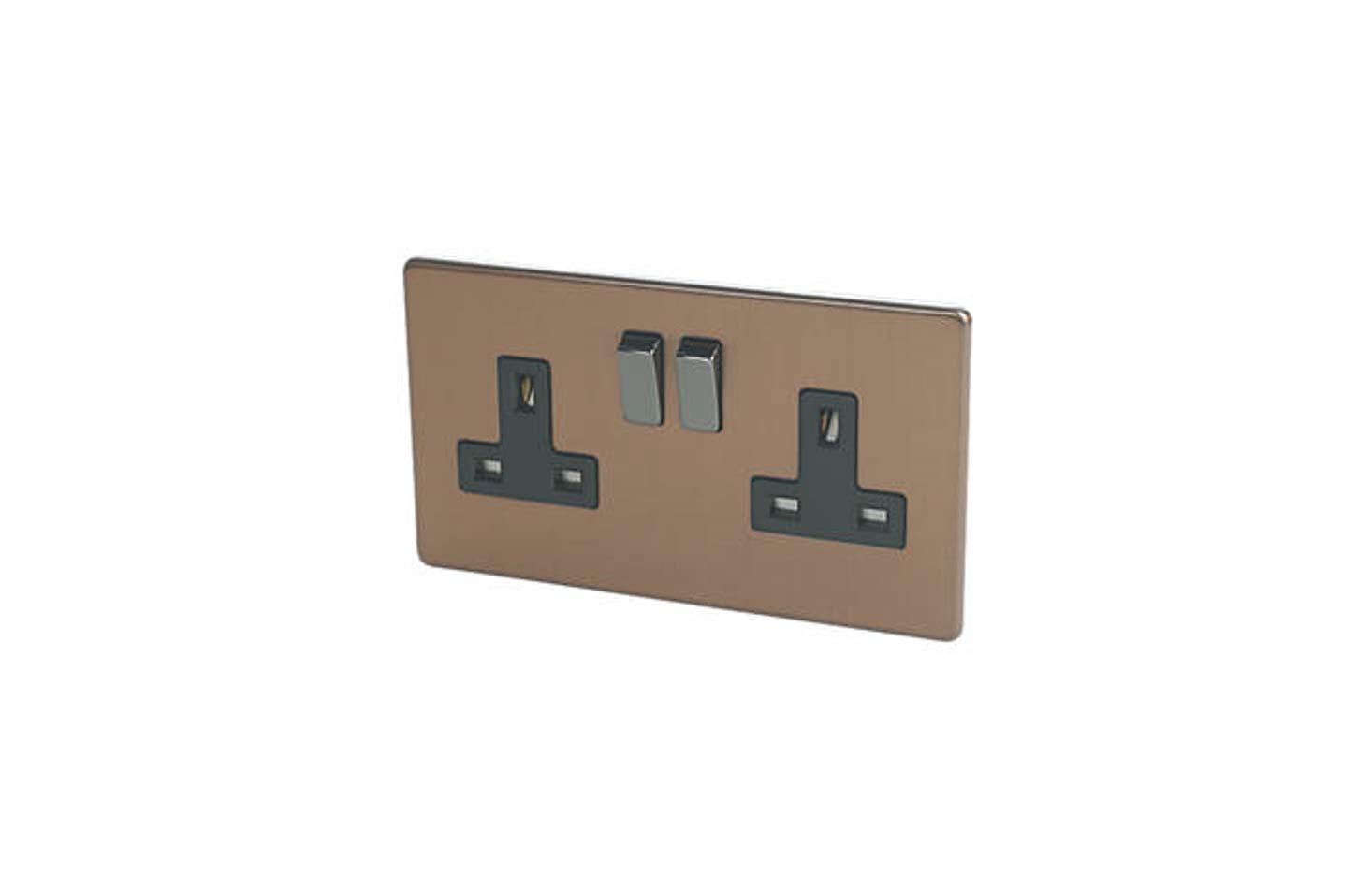 Varilight Flat Plate Screwless Brushed Bronze 2-Gang 13 Amp Switched Plug Socket 5021575425451