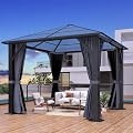 GARTOO 9.5'x9.5' Outdoor Hardtop Gazebo, Patio Gazebo with Translucent Roof, Polycarbonate Top Metal Frame Garden Tent with Breathable Mesh and Privacy Curtains for Patio Lawn Garden Backyard, Gray