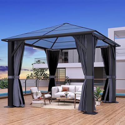 GARTOO 9.5'x9.5' Outdoor Hardtop Gazebo, Patio Gazebo with Translucent Roof, Polycarbonate Top Metal Frame Garden Tent with Breathable Mesh and Privacy Curtains for Patio Lawn Garden Backyard, Gray