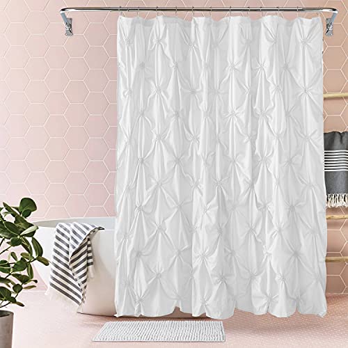 JSLOVE 2 Pcs Shower Curtain Sets with Rugs Pinched Pleat Farmhouse Shower Curtain Elegant Decor Set with 12 Shower Curtain Hooks for Bathroom White Standard 72 X 72