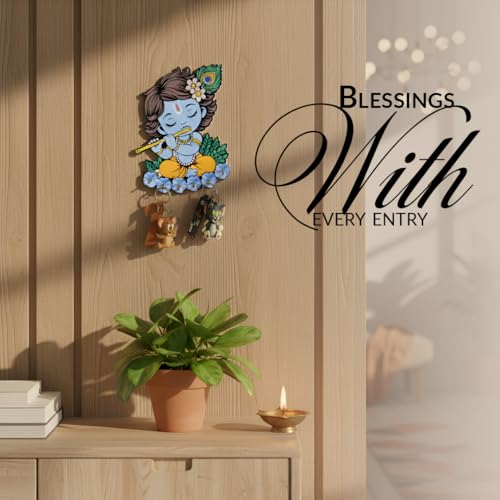 Image of Cute Krishna Wall-Mounted Key Holder, Decorative MDF Wood, 20x25 cm, 7 Hooks, Blue UV Printed Design, Decorative Wooden Key Stand - Home & Office