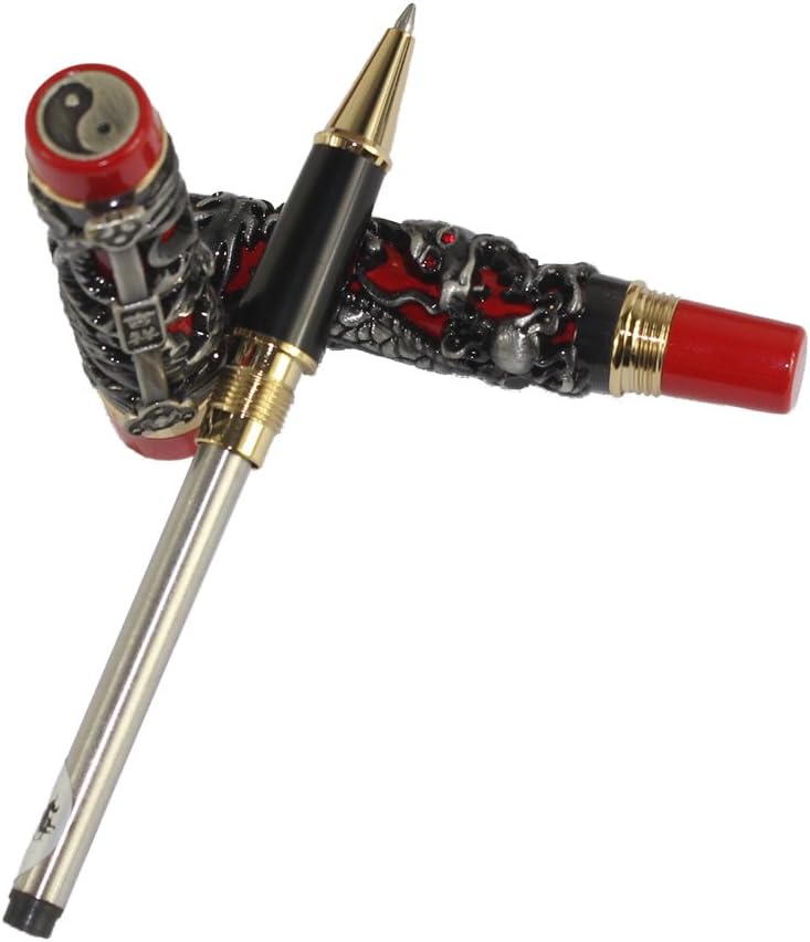 Gullor Noblest Dragon and Phoenix Rollerball Pen with PU leather pen pouch - Antique Silver and red