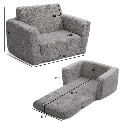 ALIMORDEN 2-in-1 Flip Out Cuddly Sherpa Toddler Couch, Convertible Sofa to Lounger, Grey - Thumbnail 3