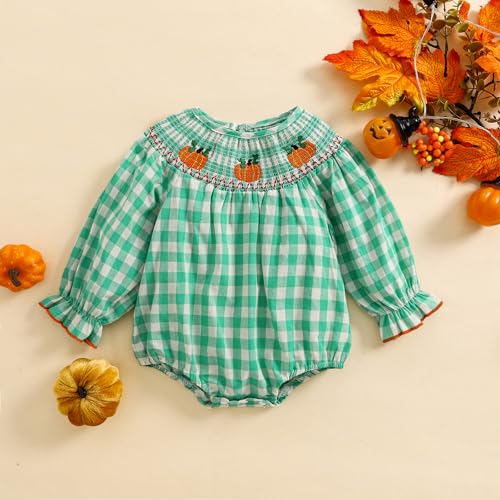 Toddler Baby Girl Halloween Romper Plaid Pumpkin Embroidery Long Puff Sleeve Smocked Romper Cotton Linen Bodysuit4