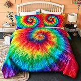 BlessLiving Tie Dye Comforter Set, Full Queen Size, 3-Piece Boho Bedding for Girls & Teens, Colorful Rainbow Design, Soft Quilt for Aesthetic Bedroom Decor