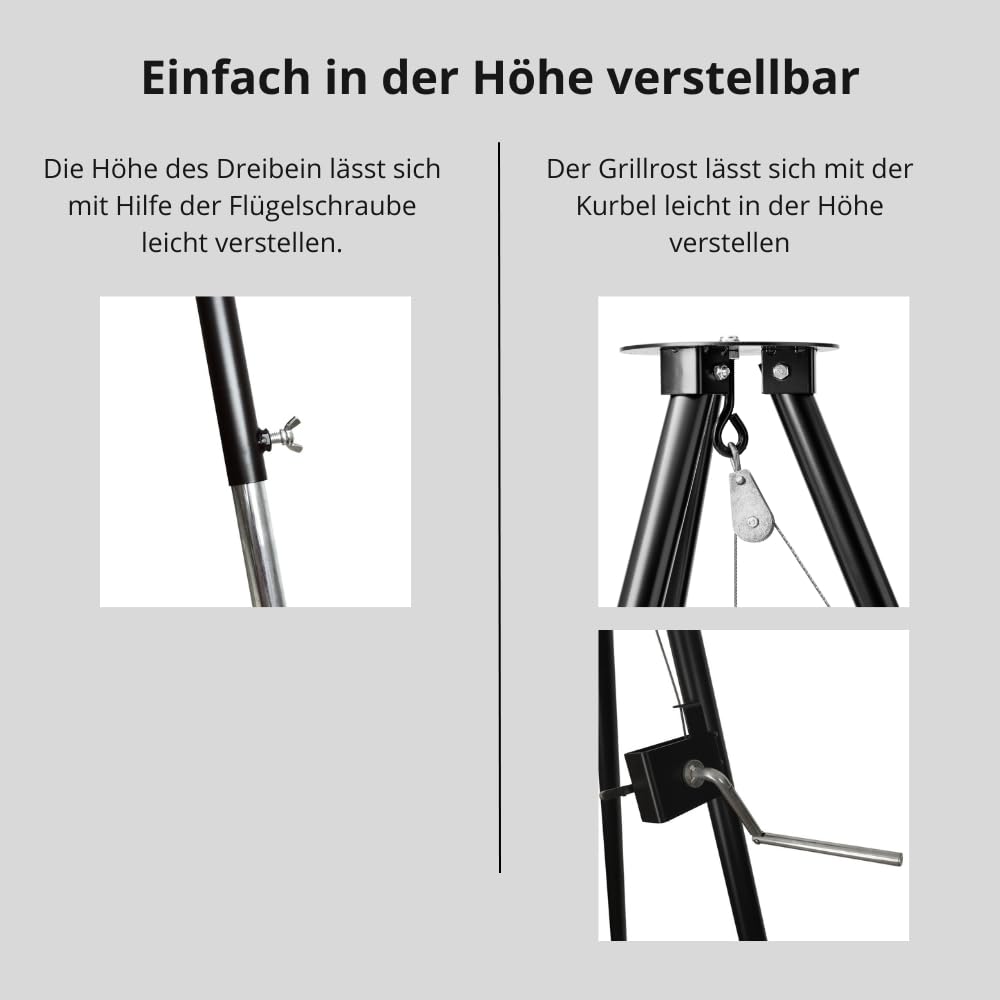 HeRo24 Dreibein Schwenkgrill Grillgestell mit Kurbel inklusive Grillrost 70 cm verchromt mit Tragetasche höhenverstellbar für Feuerstelle Garten und Camping.