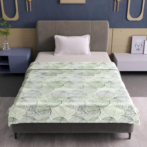Image of Divine Casa 120 GSM Glace Cotton Single Bed Dohar | Lightweight AC Blanket | Reversible Leaf Print Quilt | 210 x 140 CM, Garden Green