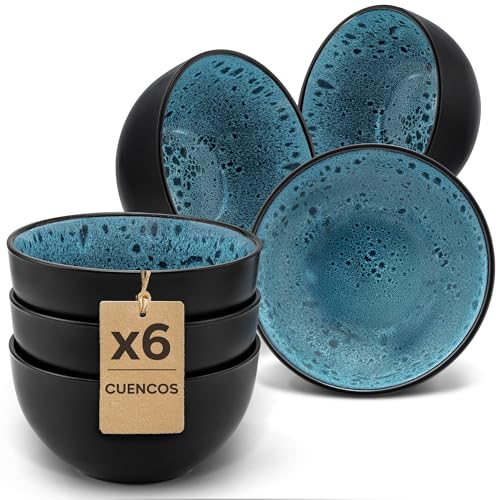 Twinzee Vajillas Completas 6 Personas de Gres Azur Resistente - 6 Cuencos estilo Riviera - Apta microondas