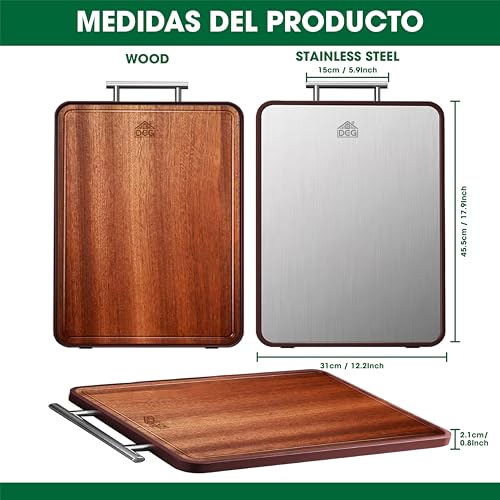 Tabla de Cortar Doble Cara - Madera y Acero Inoxidable - Tabla Grande 18'' con Mango - Fácil de Limpiar miniatura 3